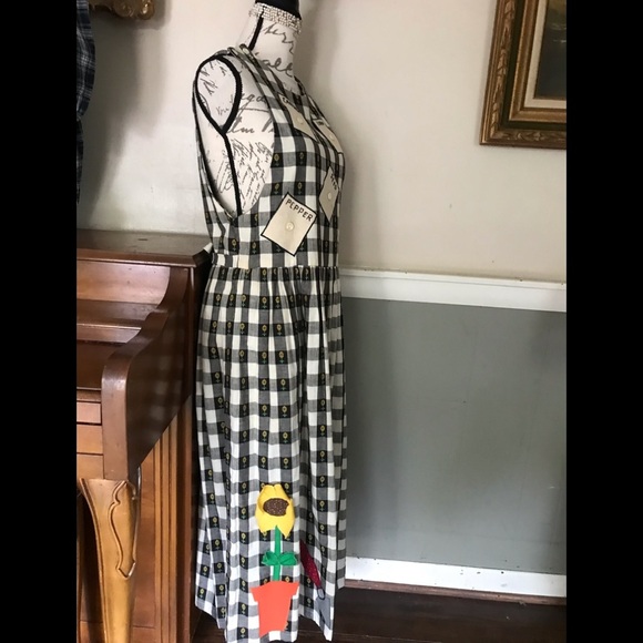 Rare Vintage Handmade Sunflower Tea Pot Cotton Gingham Calico Embroidered Dress - Picture 5 of 14